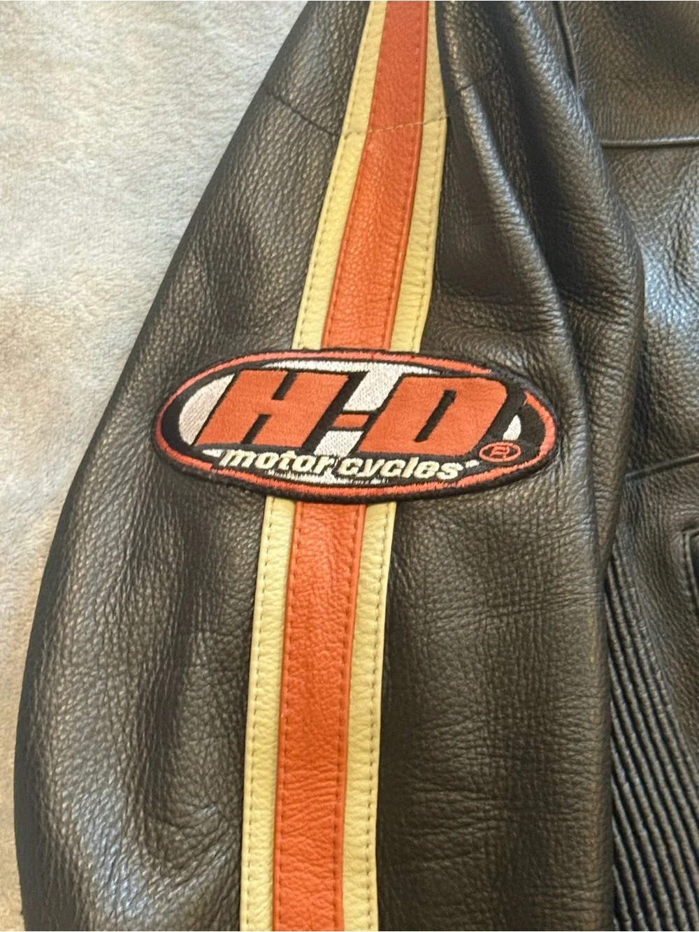 Harley-Davidson Black Leather Jacket with Orange and Cream Racing Stripes